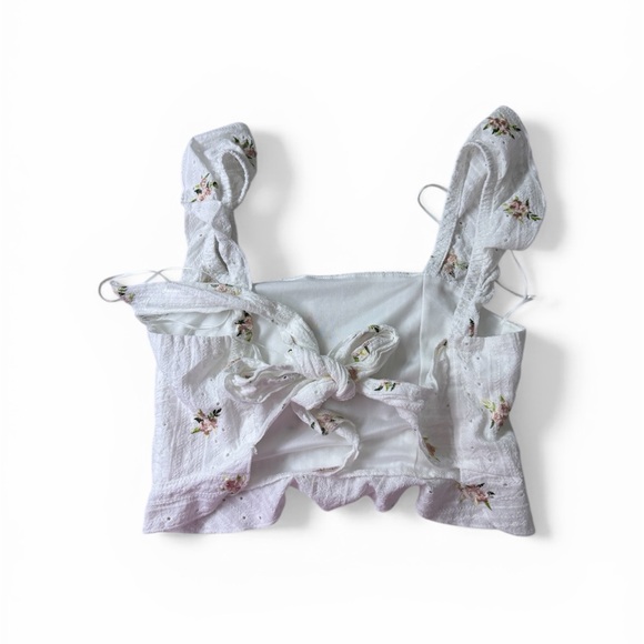 Floral Eyelet Square-Neck Crop Top in White with Pink Blooms And Open Back - Picture 2 of 3